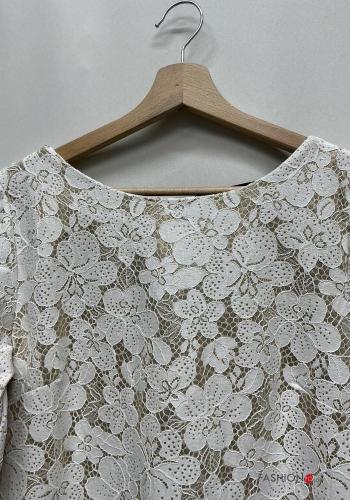 Besticktes Muster Spitze- u-boot ausschnitt rückenfrei lange ärmel Kleid aus Baumwolle mit Schleife - ph 3