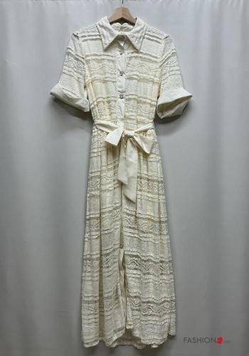 Besticktes Muster Spitze- mit kragen Kleid mit Knöpfen 3/4 ärmel mit stoffgürtel - ph 2