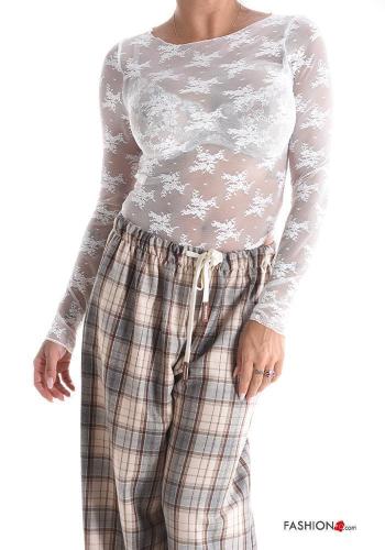 Embroidered lace trim crew neck Long sleeved top - ph 1