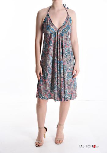 Abito in Seta al ginocchio senza maniche scollato sulla schiena Fantasia jacquard scollo a V