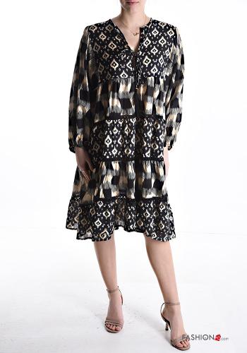 Abito in Cotone oversize maniche lunghe Fantasia mista