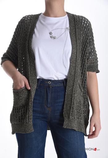 Cardigan a rete lurex maniche corte con tasche