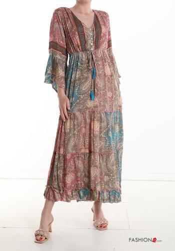 Abito in Seta lungo Fantasia jacquard maniche a tre quarti scollo a V con balze con bottoni