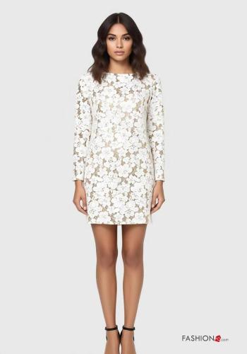 Abito in Cotone girocollo scollato sulla schiena pizzo maniche lunghe Fantasia ricamata con fiocco