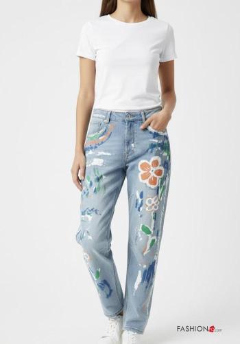 Jeans in Cotone Fantasia stampata con tasche con bottoni con zip