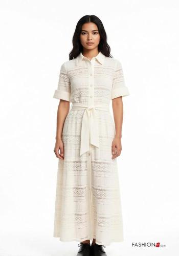 Abito pizzo con colletto Fantasia ricamata maniche a tre quarti con bottoni con cintura in stoffa