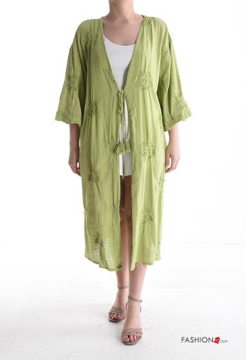 Vestido playero de Algodón Patrón bordado con cinturón de cuerda manga tres cuartos