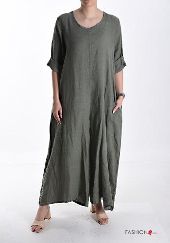 Jumpsuit in Lino maxi wide leg girocollo con tasche