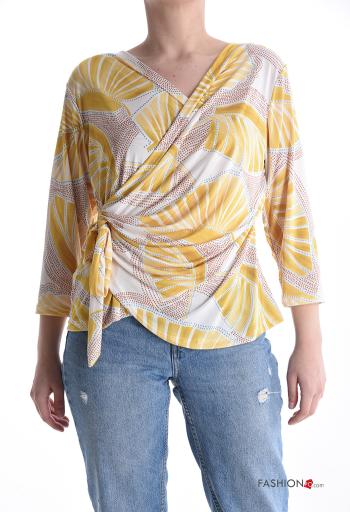 Abstract print long sleeve Blouse with bow with v-neck