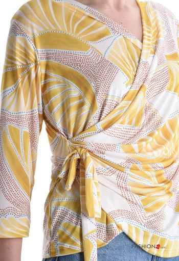 Abstract print long sleeve Blouse with bow with v-neck - ph 4
