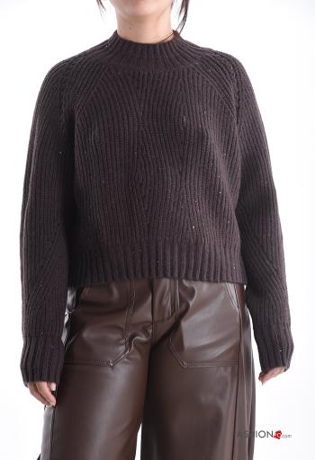 Camisola manga comprida em jersey canelado gola redonda com lantejoulas