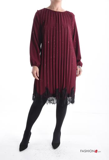 Vestido gola redonda pelo joelho manga comprida plissê renda com lantejoulas