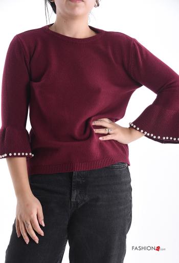 Camisola gola redonda com pérolas manga três quartos