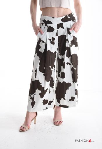 Tiermuster wide leg Hose aus Baumwolle mit Taschen mit gummizug
