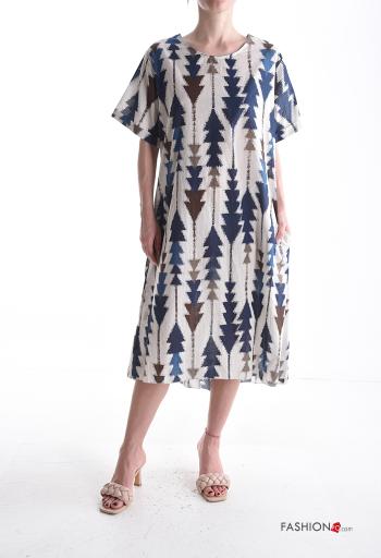 Geometric pattern short sleeve crew neck oversized Cotton Dress with bow