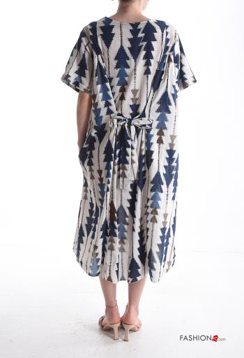 Geometric pattern short sleeve crew neck oversized Cotton Dress with bow - ph 2