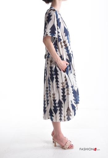 Geometric pattern short sleeve crew neck oversized Cotton Dress with bow - ph 3
