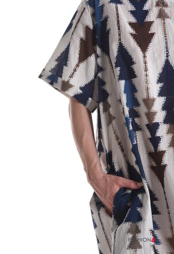 Geometric pattern short sleeve crew neck oversized Cotton Dress with bow - ph 4