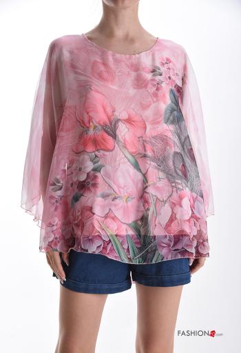 Blumenmuster lange ärmel u-boot ausschnitt chiffon Top mit Futter 3/4 ärmel - ph 1