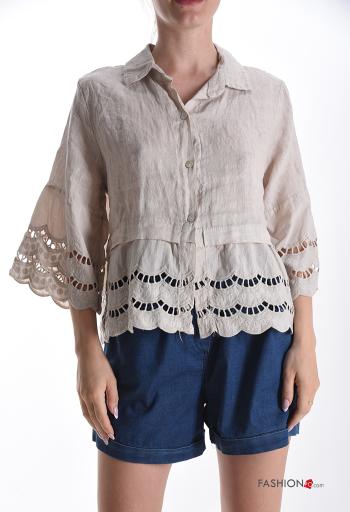 Chemise en Lin à collet manches à trois-quarts à boutons broderie anglaise