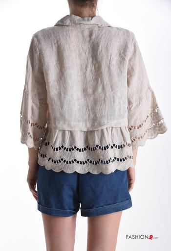 with collar Linen Shirt 3/4 sleeve broderie anglaise with buttons - ph 2