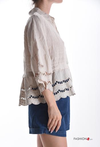 with collar Linen Shirt 3/4 sleeve broderie anglaise with buttons - ph 3