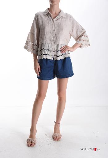 with collar Linen Shirt 3/4 sleeve broderie anglaise with buttons - ph 5