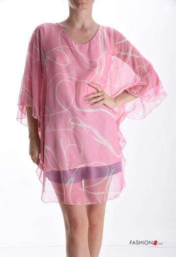 Abstrakte Muster chiffon u-boot ausschnitt Bluse mit Futter 3/4 ärmel