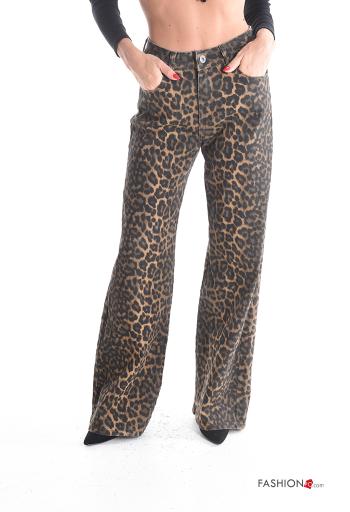 Animal print flared Cotton Jeans with buttons with zip with pockets