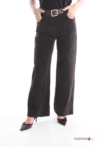 Calças em Algodão de veludo em jersey canelado wide leg com cinto com bolsos - ph 1