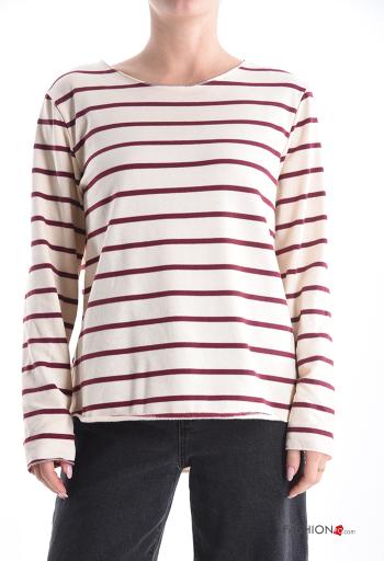 Striped napped crew neck Cotton Long sleeved top