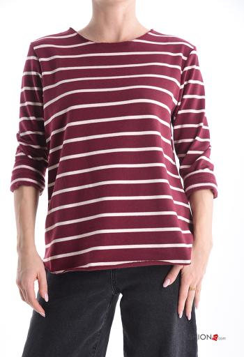 Striped napped crew neck Cotton Long sleeved top
