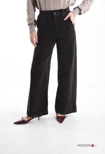 high waist wide leg Ribbed Velvet Cotton Trousers with pockets - ph 1
