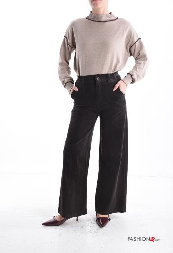 high waist wide leg Ribbed Velvet Cotton Trousers with pockets - ph 5
