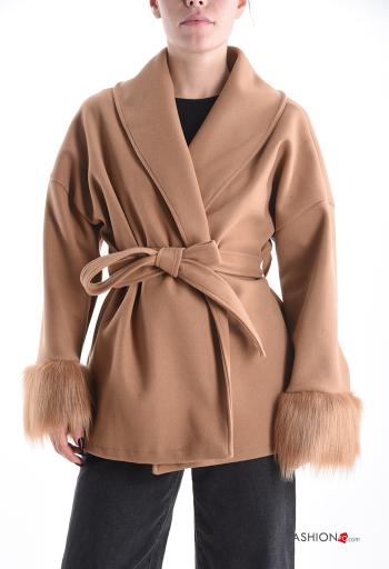 faux fur mini Coat with belt with pockets