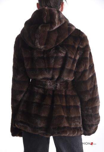 faux fur Coat with belt with hood with pockets - ph 2