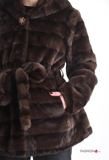 faux fur Coat with belt with hood with pockets - ph 4