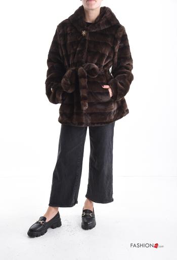 faux fur Coat with belt with hood with pockets - ph 5