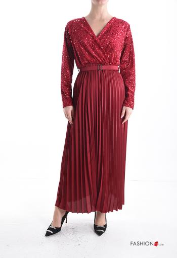 Vestido manga comprida cetim plissê longo com lantejoulas com cinto gola V - ph 1