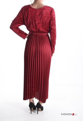 Vestido manga comprida cetim plissê longo com lantejoulas com cinto gola V - ph 2