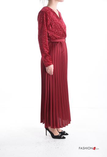 Vestido manga comprida cetim plissê longo com lantejoulas com cinto gola V - ph 3