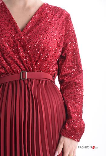 Vestido manga comprida cetim plissê longo com lantejoulas com cinto gola V - ph 4