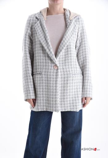 Casaco em Algodão manga comprida Pied de Poule com forro com capuz com bolsos com botões