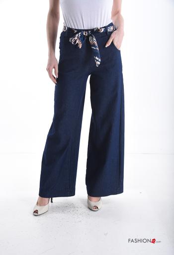 Pantalone in Cotone denim wide leg con tasche con nastro