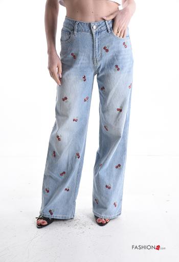 Jeans en Coton wide leg à broderie avec poches