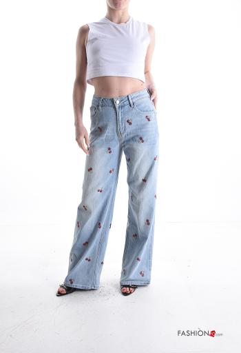 Calças de ganga em Algodão wide leg Padrão bordado com bolsos - ph 5