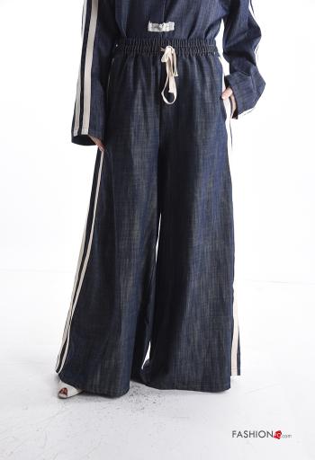 Denim wide leg hoher Taille Hose aus Baumwolle mit Taschen mit kordelzug - ph 1
