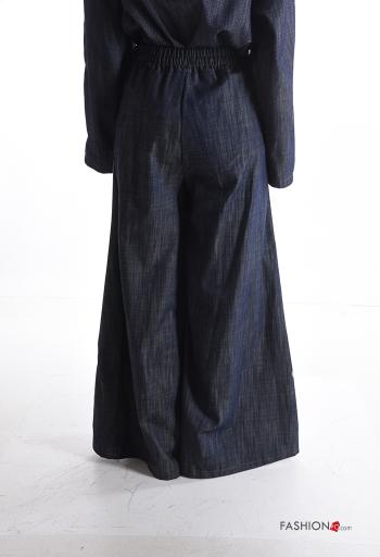 Denim wide leg hoher Taille Hose aus Baumwolle mit Taschen mit kordelzug - ph 2