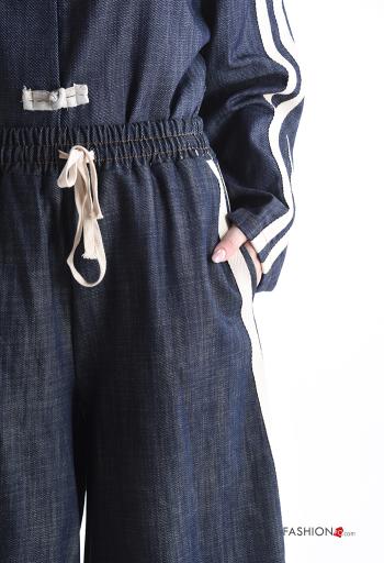 Denim wide leg hoher Taille Hose aus Baumwolle mit Taschen mit kordelzug - ph 4