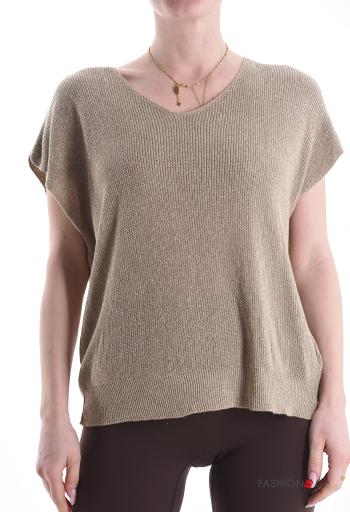 Maglione lurex maniche corte scollo a V
